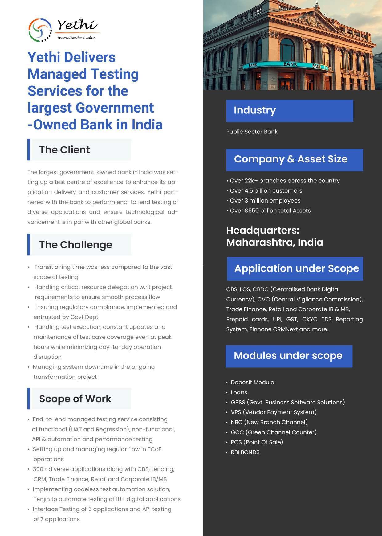 Managed Testing Services for the Largest Government-Owned Bank in India - page 1