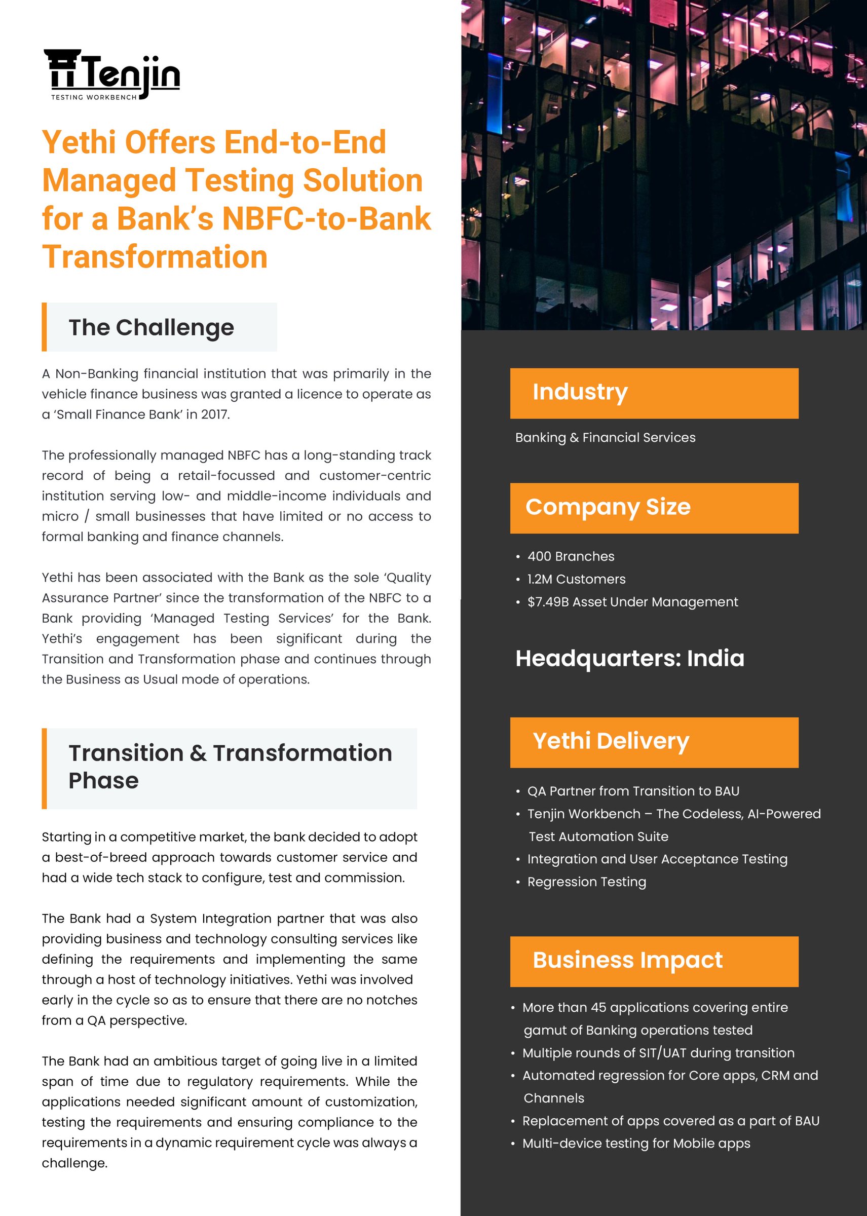 End-to-End Managed Testing Solution for a Bank’s NBFC-to-Bank Transformation - page 1